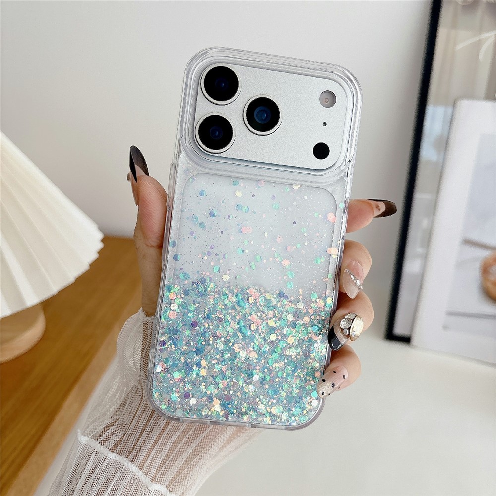 For iPhone 17 Pro Case Sparkle Sequins Luminous Epoxy TPU Phone Cover - Blue