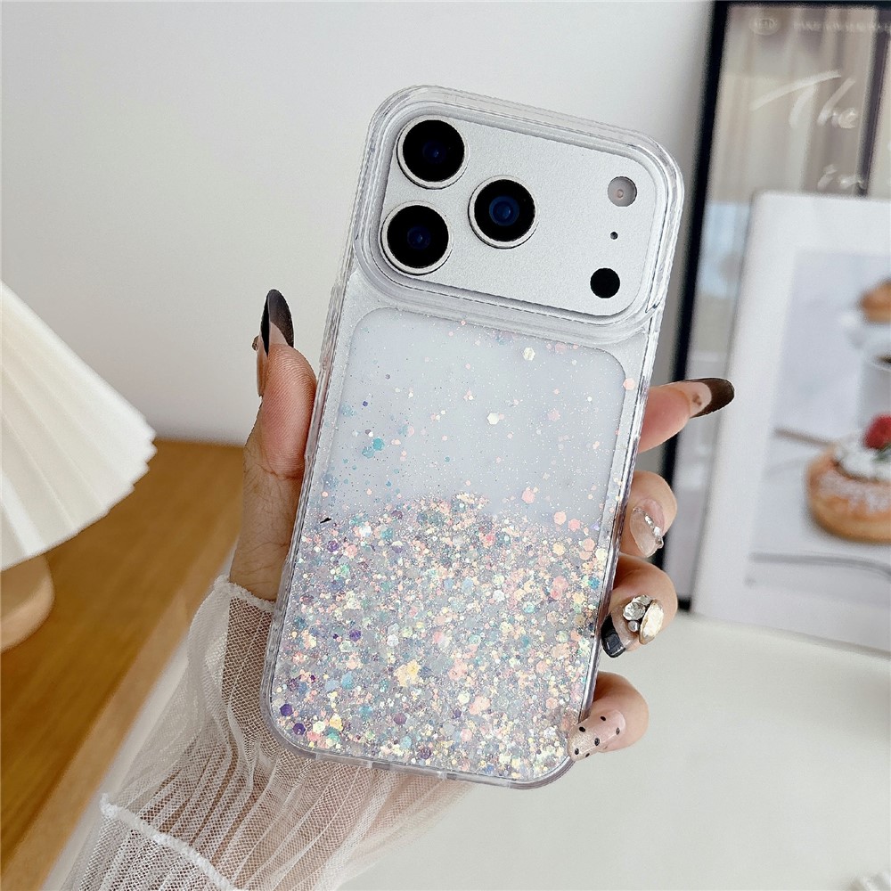 For iPhone 17 Pro Case Sparkle Sequins Luminous Epoxy TPU Phone Cover - White