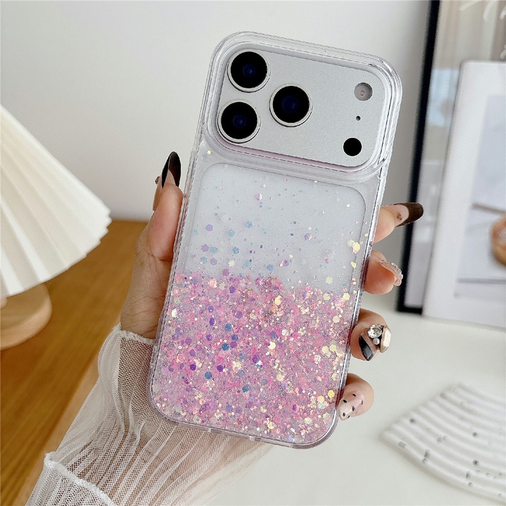 For iPhone 17 Pro Max Case Sparkle Sequins Luminous Epoxy TPU Phone Cover - Pink