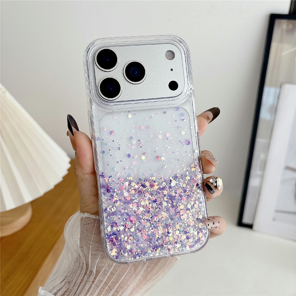 For iPhone 17 Pro Max Case Sparkle Sequins Luminous Epoxy TPU Phone Cover - Purple