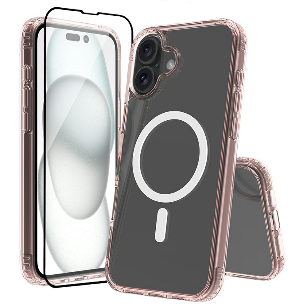 For iPhone 16 Case Compatible with MagSafe PC + TPU Clear Phone Cover with Tempered Glass Screen Protector - Pink