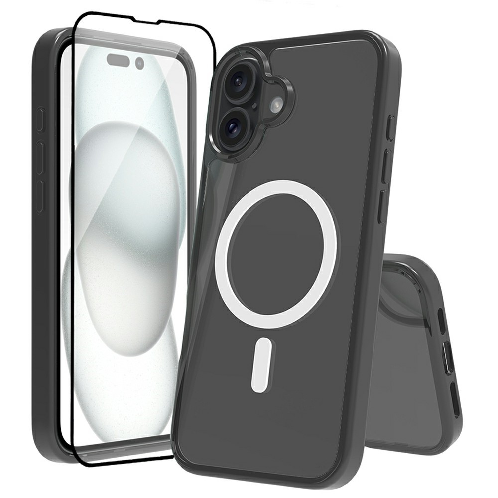 For iPhone 16 Case Compatible with MagSafe PC + TPU Clear Phone Cover with Tempered Glass Screen Protector - Black