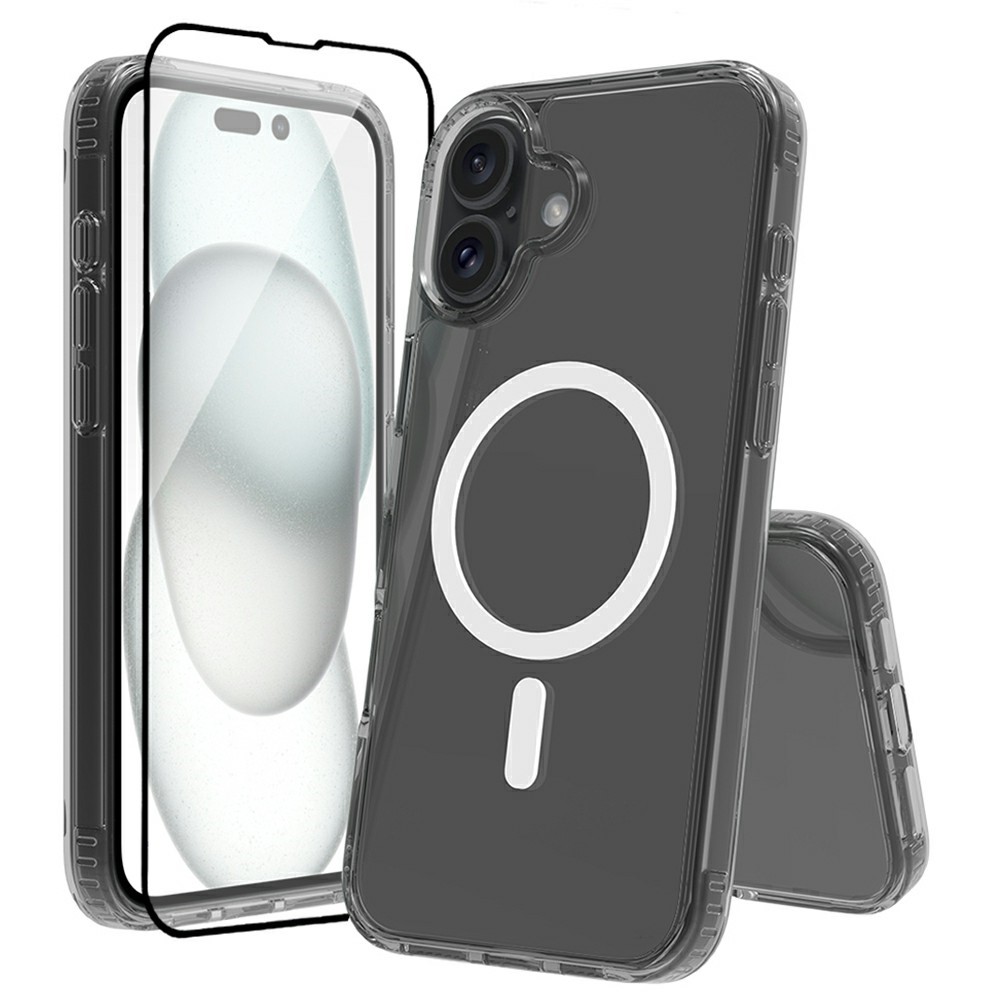 For iPhone 16 Case Compatible with MagSafe PC + TPU Clear Phone Cover with Tempered Glass Screen Protector - Grey