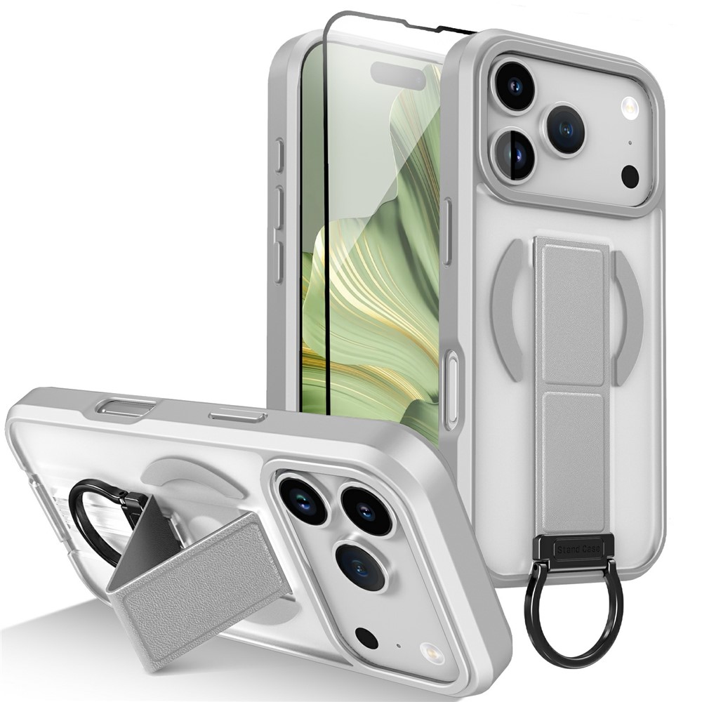 For iPhone 17 Pro Max Magnetic Case Metal D-Ring Kickstand PC + TPU Phone Cover with Tempered Glass Screen Film - Grey