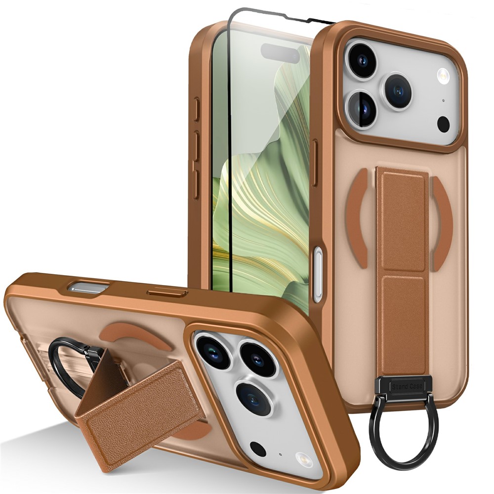 For iPhone 17 Pro Max Magnetic Case Metal D-Ring Kickstand PC + TPU Phone Cover with Tempered Glass Screen Film - Khaki