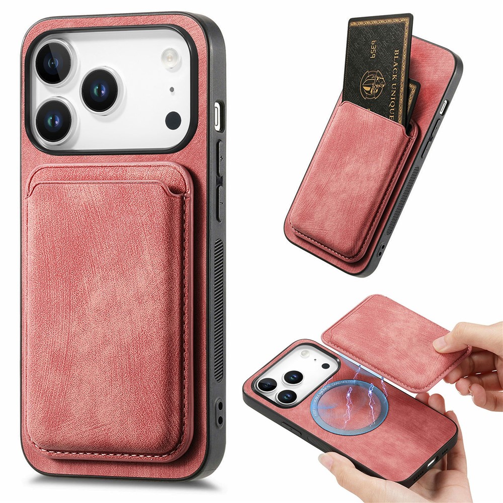 For iPhone 17 Pro Max Case Retro Leather + TPU Phone Cover with Detachable Card Slot - Pink