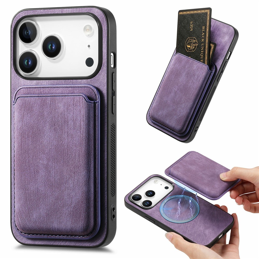 For iPhone 17 Pro Max Case Retro Leather + TPU Phone Cover with Detachable Card Slot - Purple