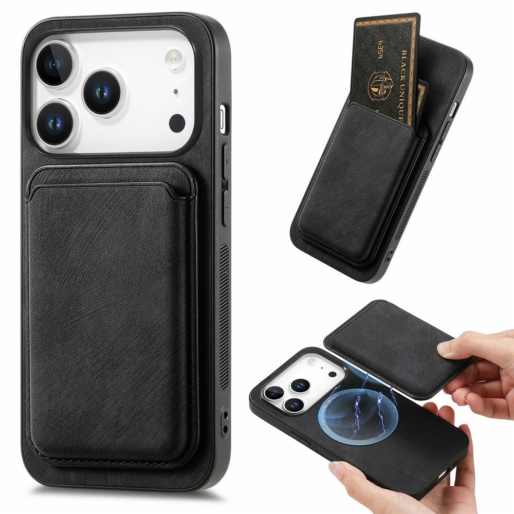 For iPhone 17 Pro Case Retro Leather + TPU Phone Cover with Detachable Card Slot - Black