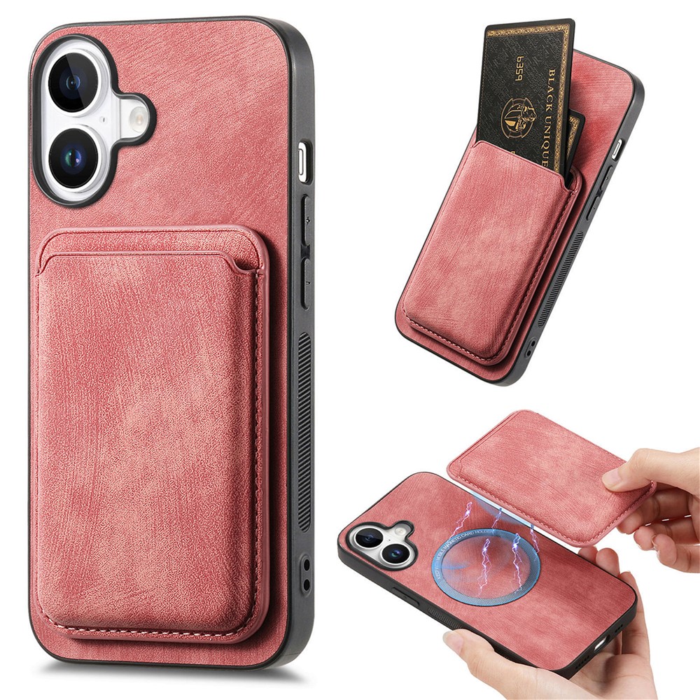 For iPhone 17 Case Retro Leather + TPU Phone Cover with Detachable Card Slot - Pink