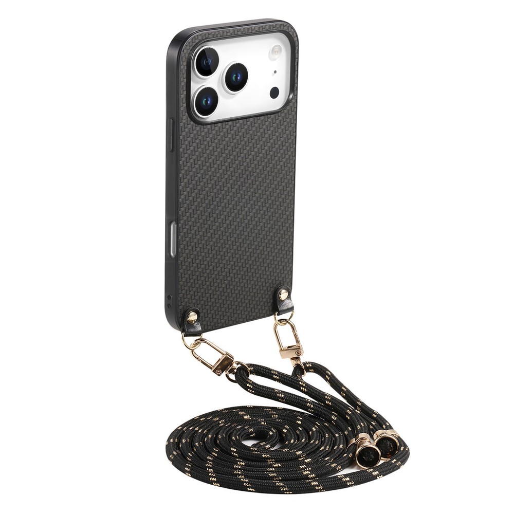 For iPhone 17 Pro Case Carbon Fiber Texture Hybrid Phone Back Cover with Adjustable Strap - Black