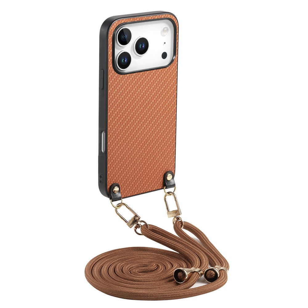 For iPhone 17 Pro Case Carbon Fiber Texture Hybrid Phone Back Cover with Adjustable Strap - Brown