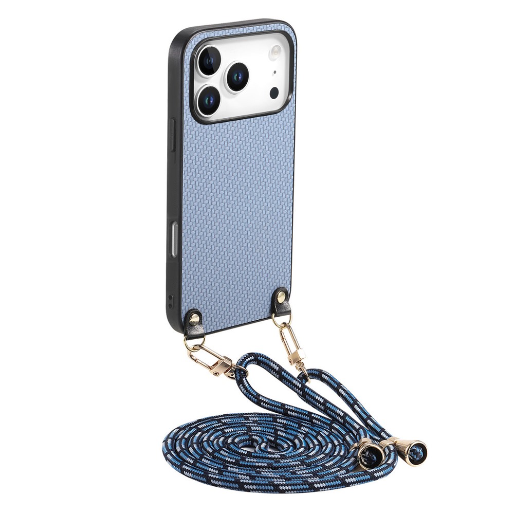 For iPhone 17 Pro Case Carbon Fiber Texture Hybrid Phone Back Cover with Adjustable Strap - Blue