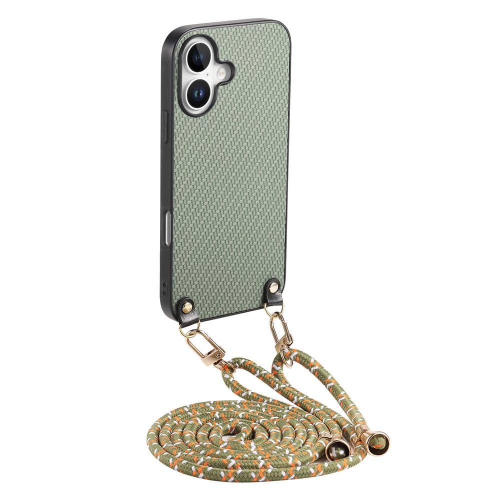 For iPhone 17 Case Carbon Fiber Texture Hybrid Phone Back Cover with Adjustable Strap - Green
