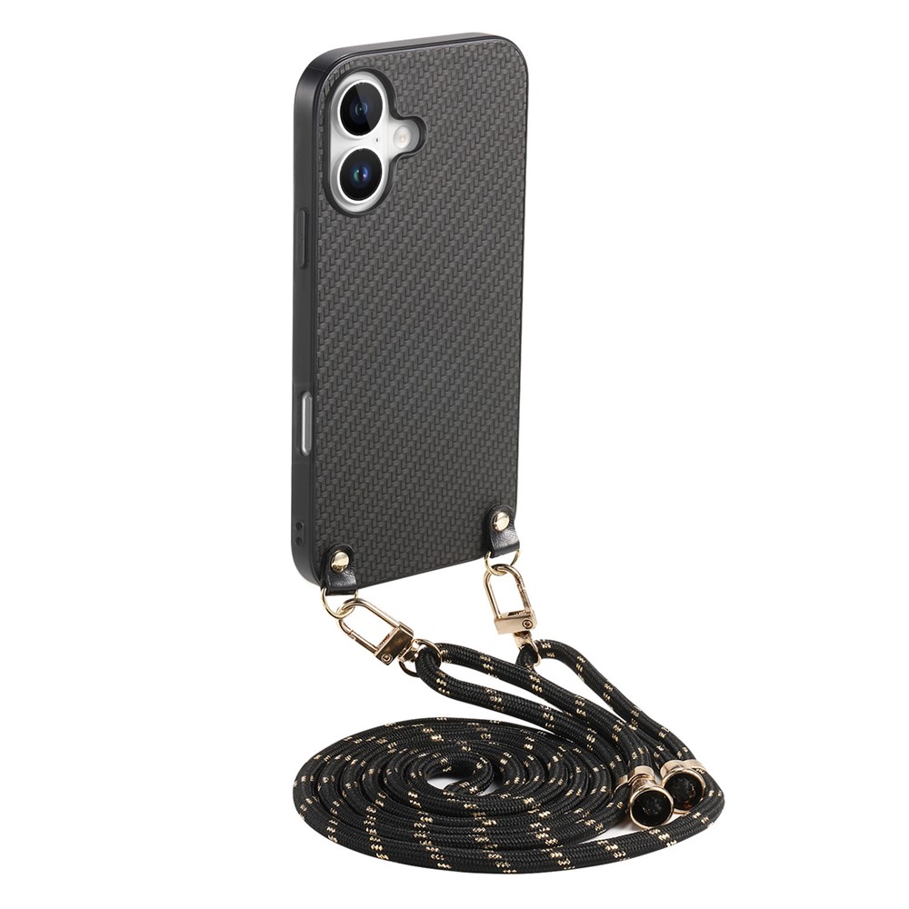 For iPhone 17 Case Carbon Fiber Texture Hybrid Phone Back Cover with Adjustable Strap - Black