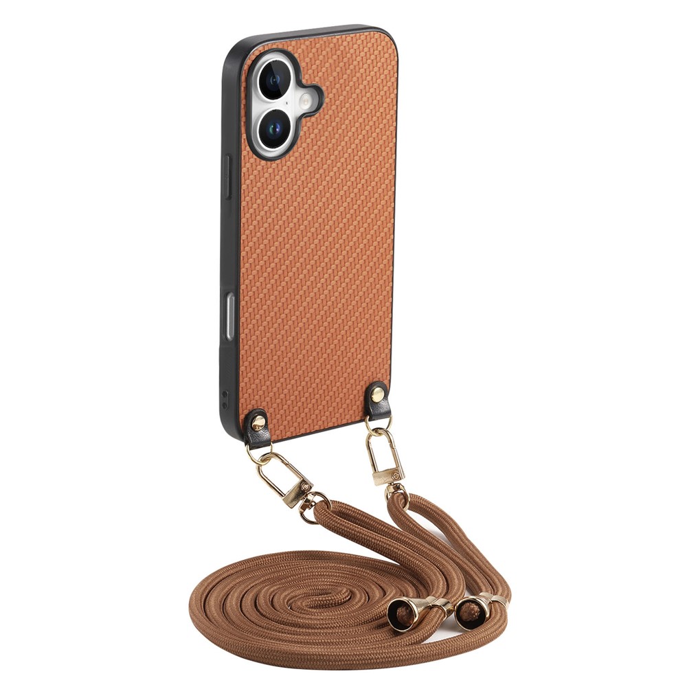 For iPhone 17 Case Carbon Fiber Texture Hybrid Phone Back Cover with Adjustable Strap - Brown