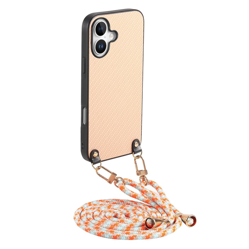 For iPhone 17 Case Carbon Fiber Texture Hybrid Phone Back Cover with Adjustable Strap - Apricot