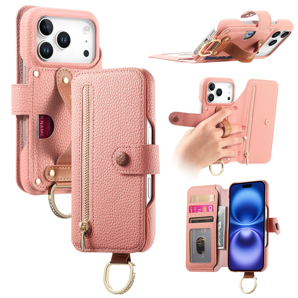 For iPhone 17 Pro Max Case RFID Blocking Zipper Wallet PU Leather Mobile Cover - Pink