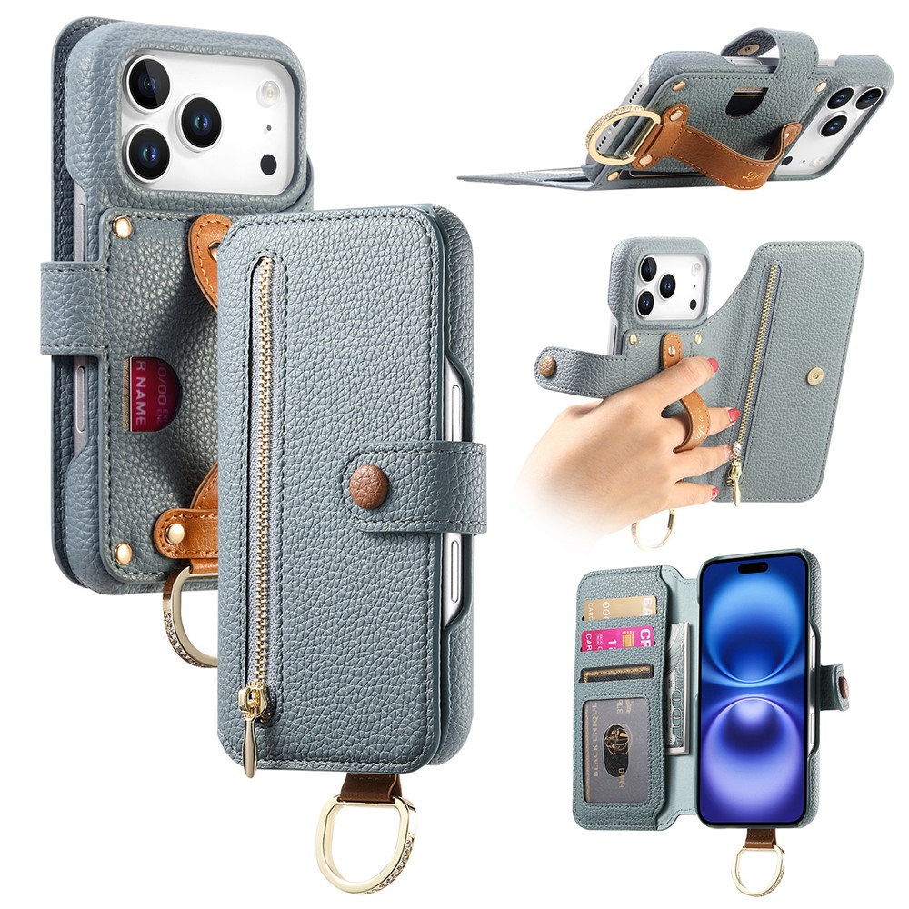 For iPhone 17 Pro Max Case RFID Blocking Zipper Wallet PU Leather Mobile Cover - Blue