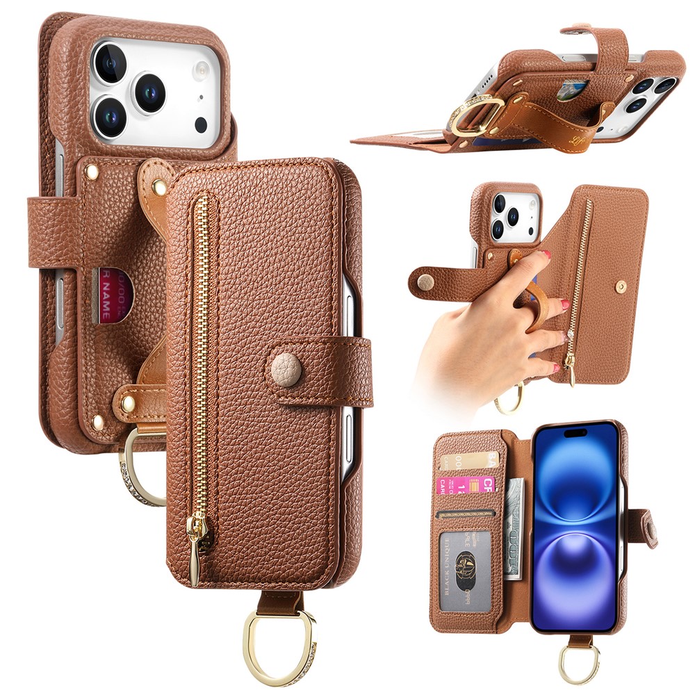 For iPhone 17 Pro Case RFID Blocking Zipper Wallet PU Leather Mobile Cover - Brown