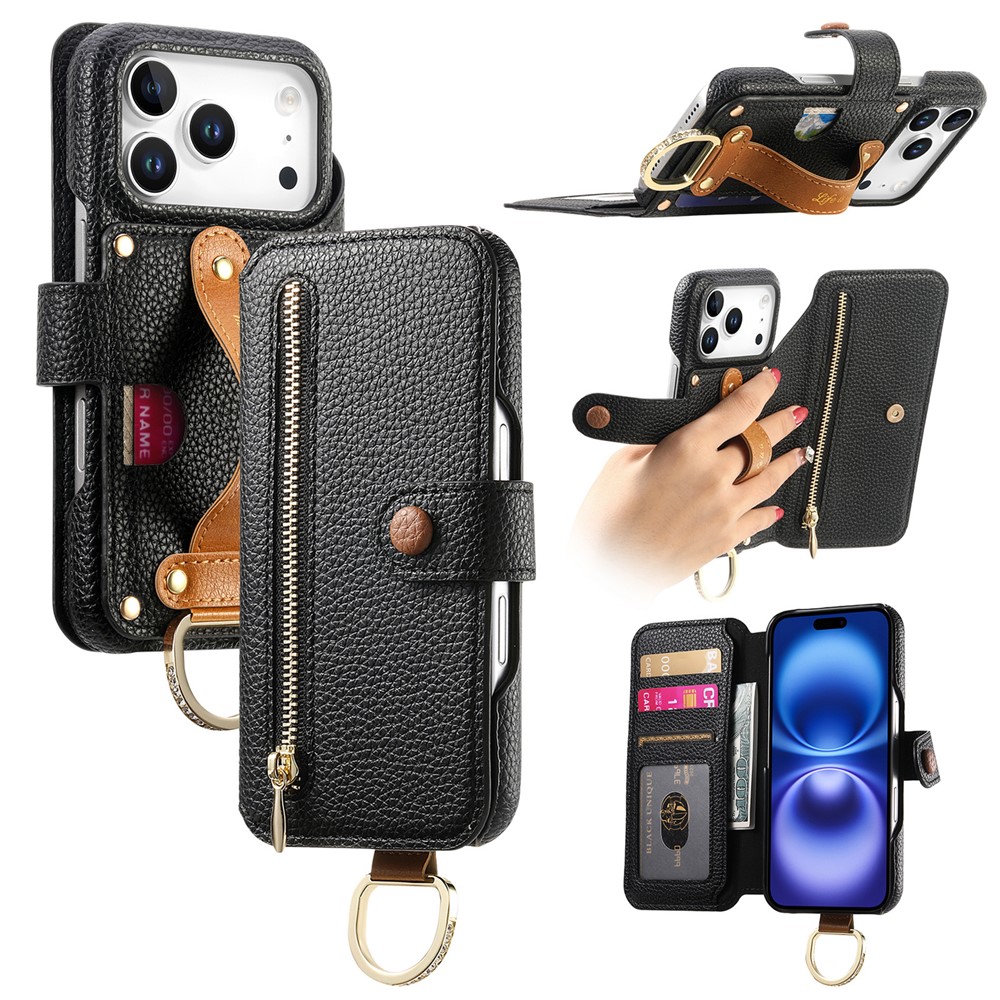 For iPhone 17 Pro Case RFID Blocking Zipper Wallet PU Leather Mobile Cover - Black