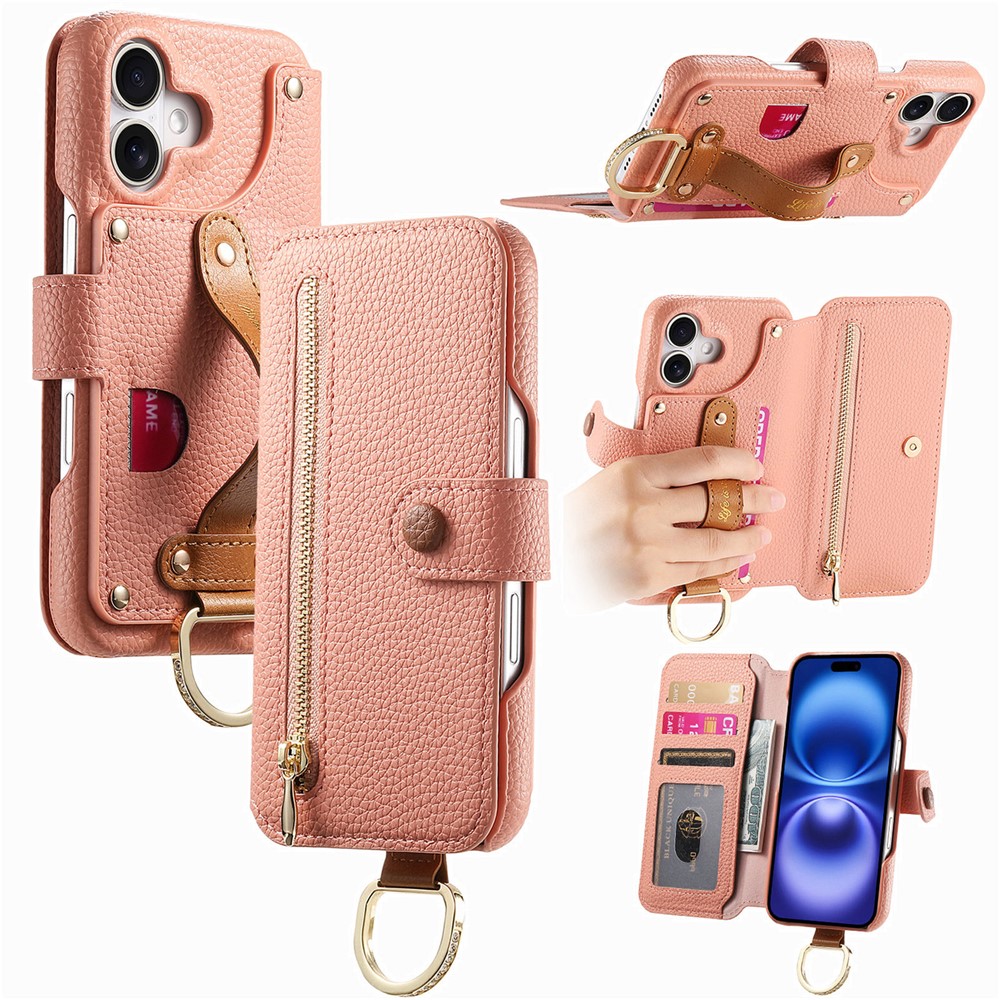 For iPhone 17 Case RFID Blocking Zipper Wallet PU Leather Mobile Cover - Pink