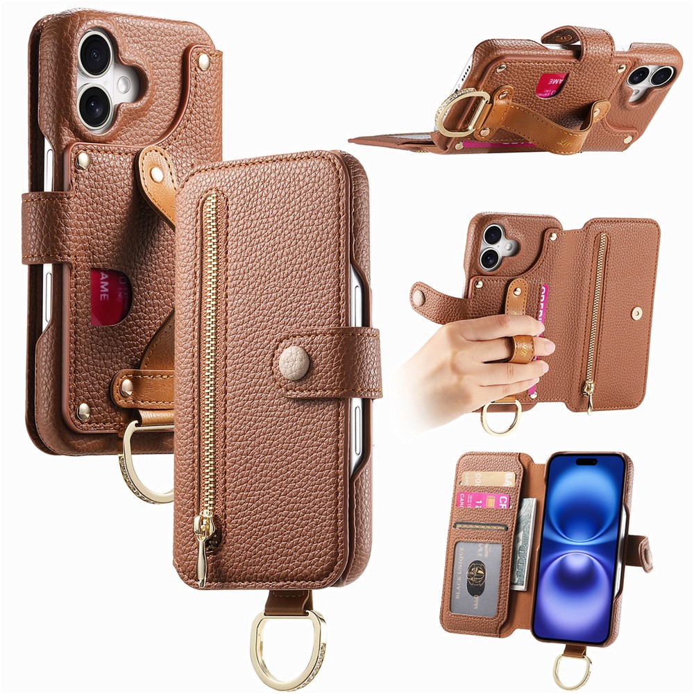 For iPhone 17 Case RFID Blocking Zipper Wallet PU Leather Mobile Cover - Brown