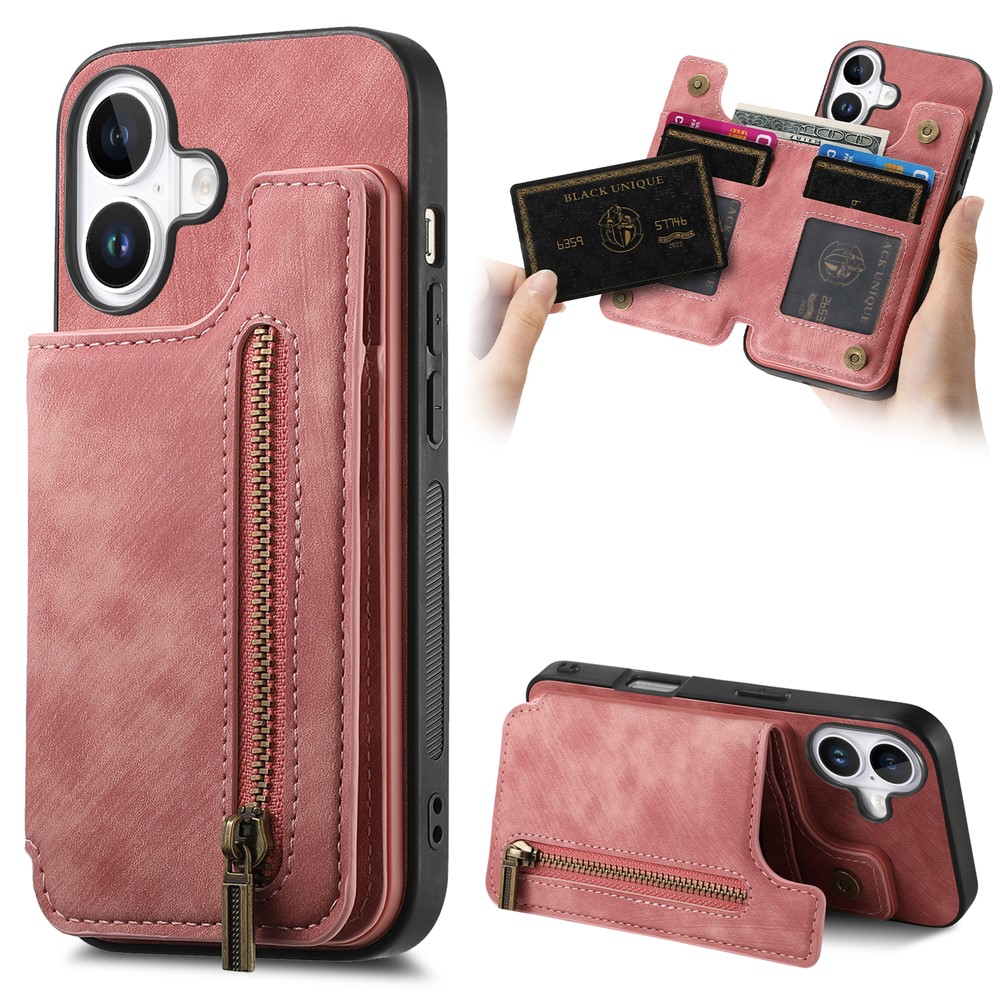 For iPhone 17 Case with Zipper Card Holder Retro Leather TPU Phone Cover - Pink
