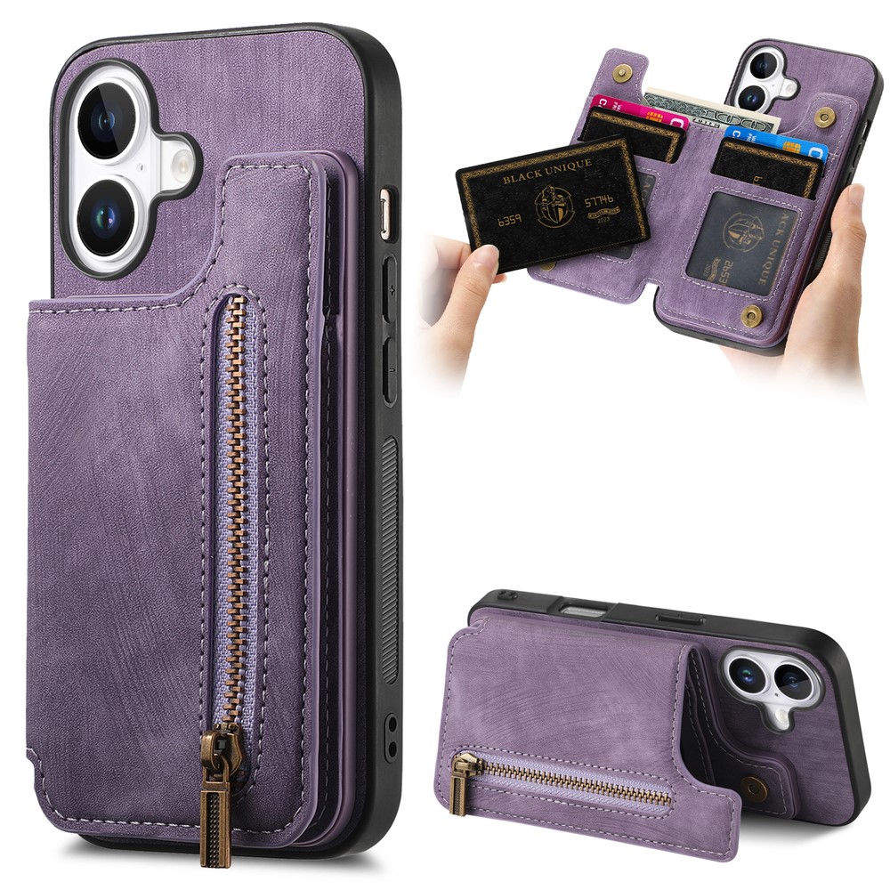 For iPhone 17 Case with Zipper Card Holder Retro Leather TPU Phone Cover - Purple