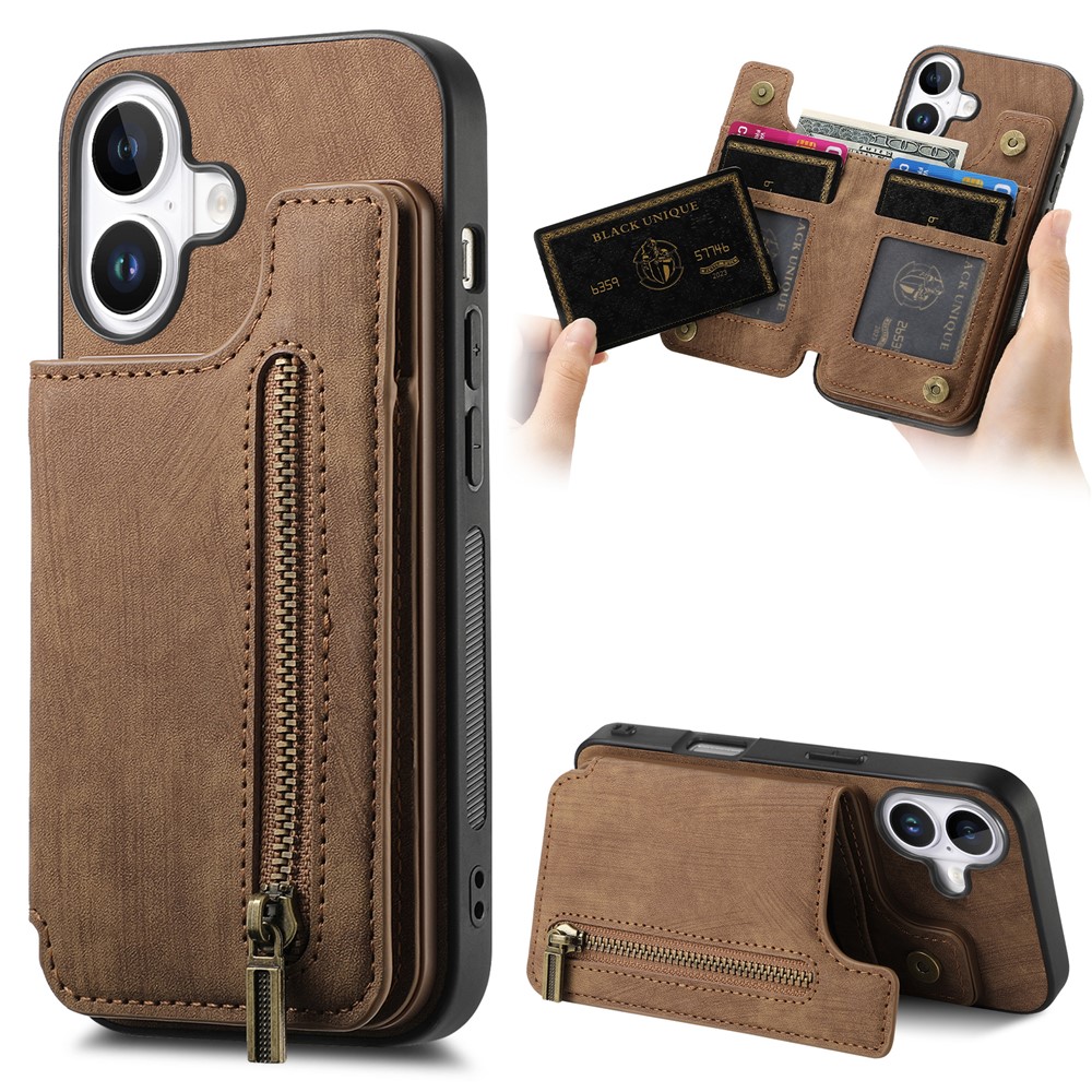 For iPhone 17 Case with Zipper Card Holder Retro Leather TPU Phone Cover - Brown