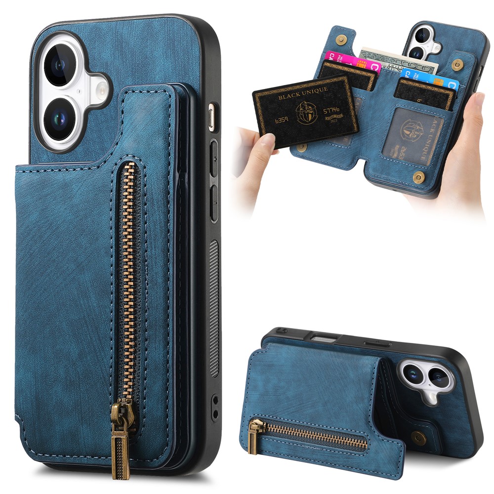 For iPhone 17 Case with Zipper Card Holder Retro Leather TPU Phone Cover - Blue