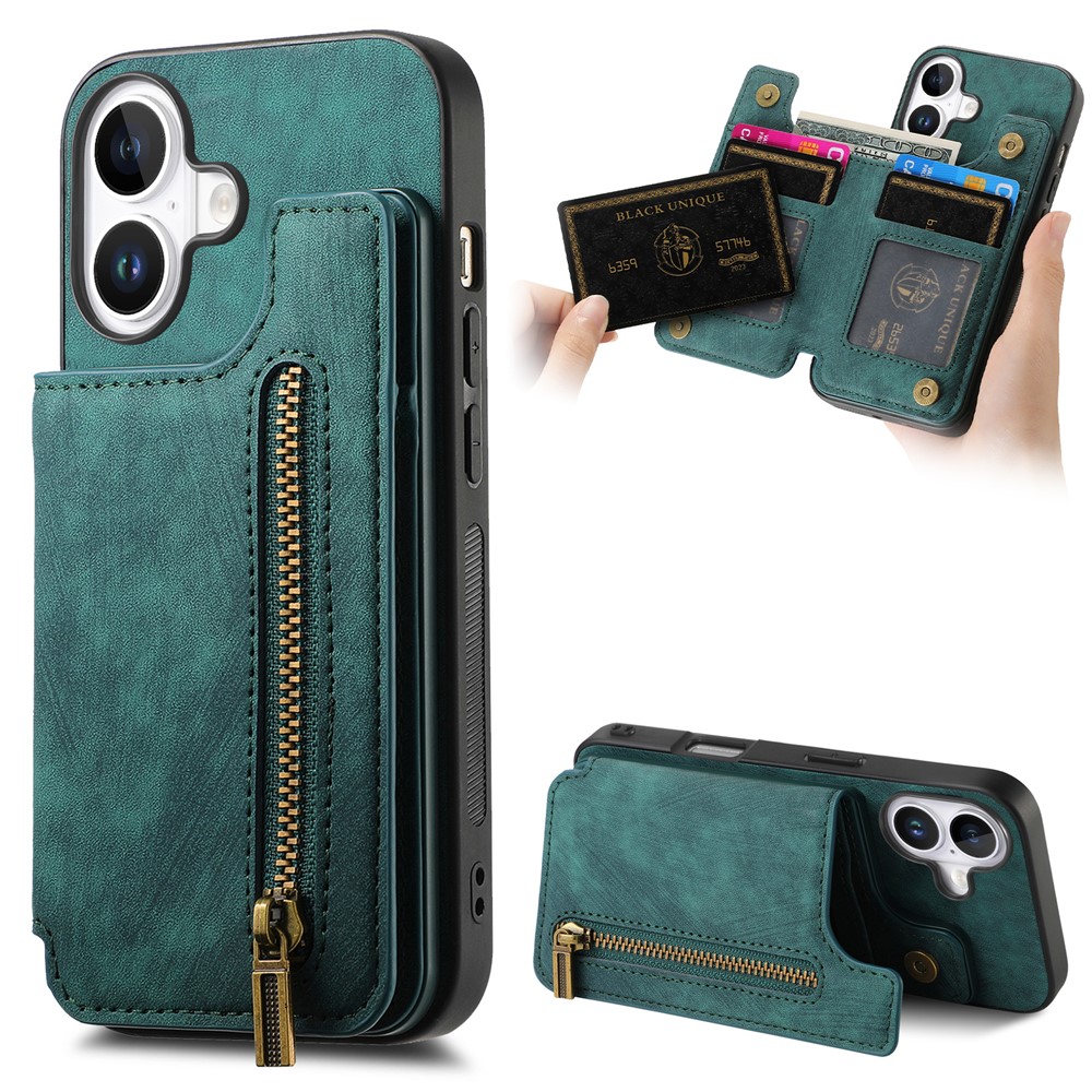 For iPhone 17 Case with Zipper Card Holder Retro Leather TPU Phone Cover - Green