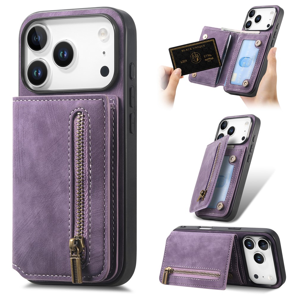 For iPhone 17 Pro Max Case with Zipper Card Holder Retro Leather TPU Phone Cover - Purple