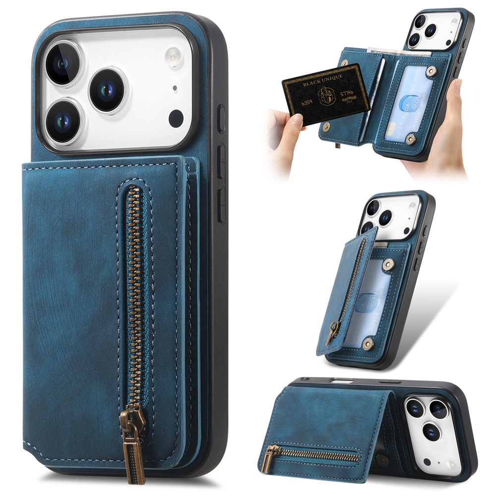 For iPhone 17 Pro Max Case with Zipper Card Holder Retro Leather TPU Phone Cover - Blue
