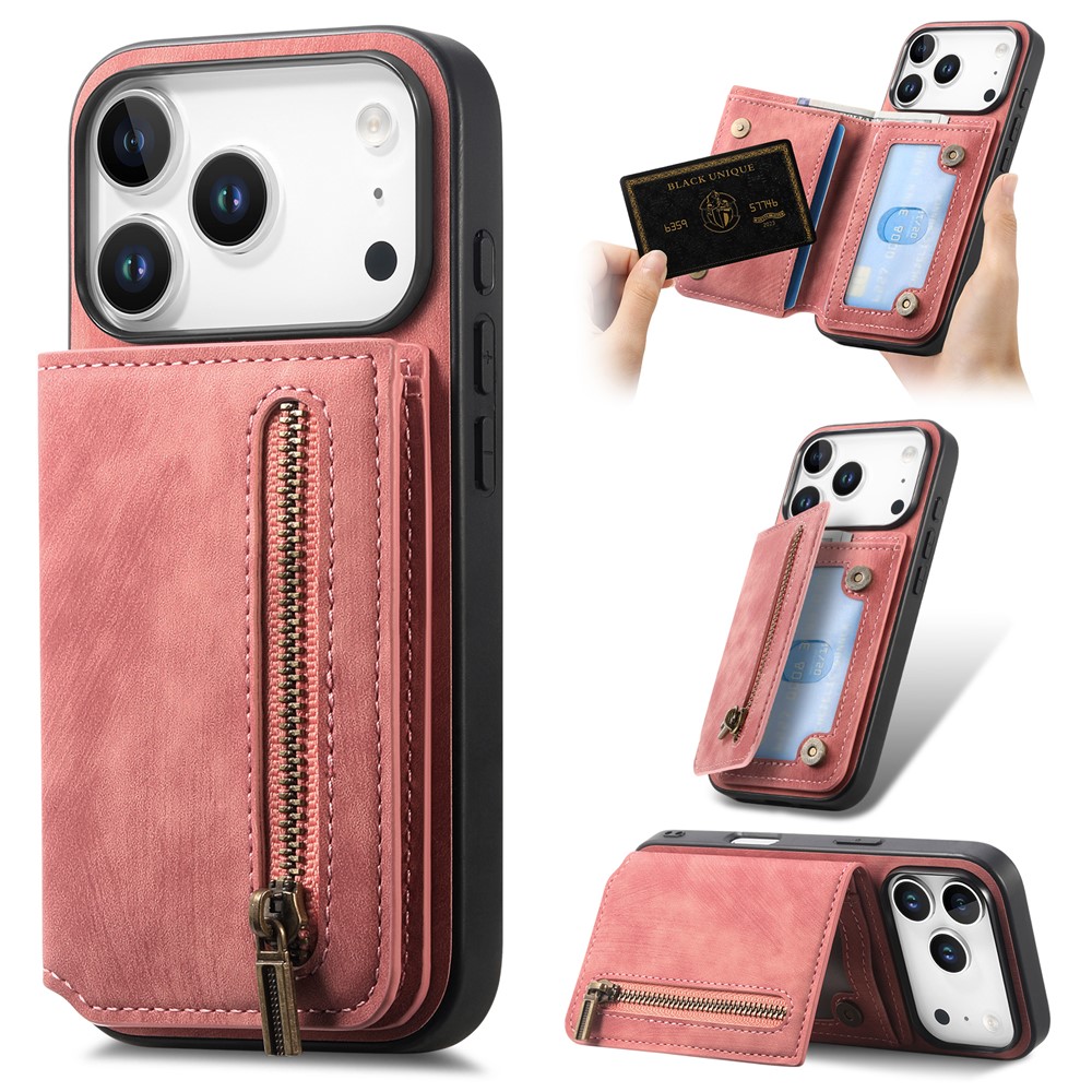 For iPhone 17 Pro Case with Zipper Card Holder Retro Leather TPU Phone Cover - Pink