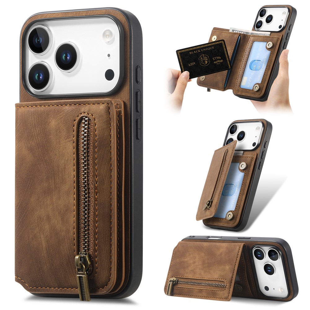 For iPhone 17 Pro Case with Zipper Card Holder Retro Leather TPU Phone Cover - Brown