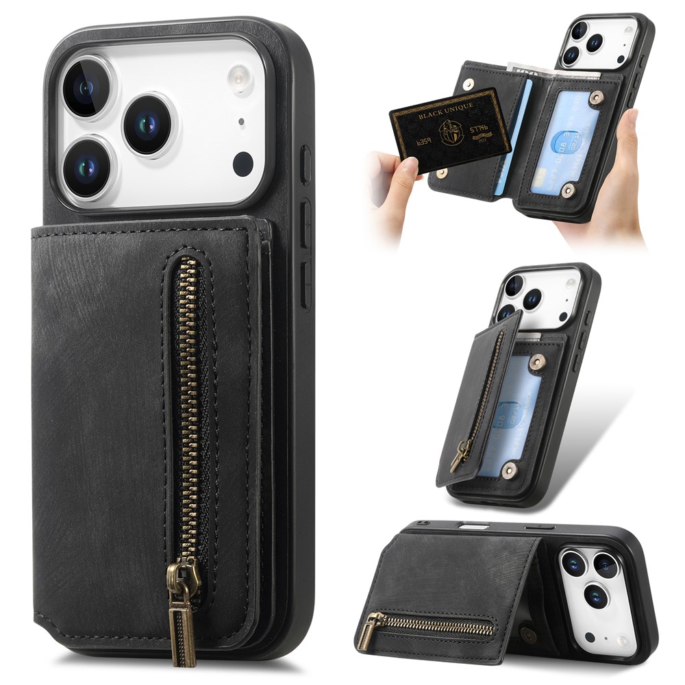 For iPhone 17 Pro Case with Zipper Card Holder Retro Leather TPU Phone Cover - Black