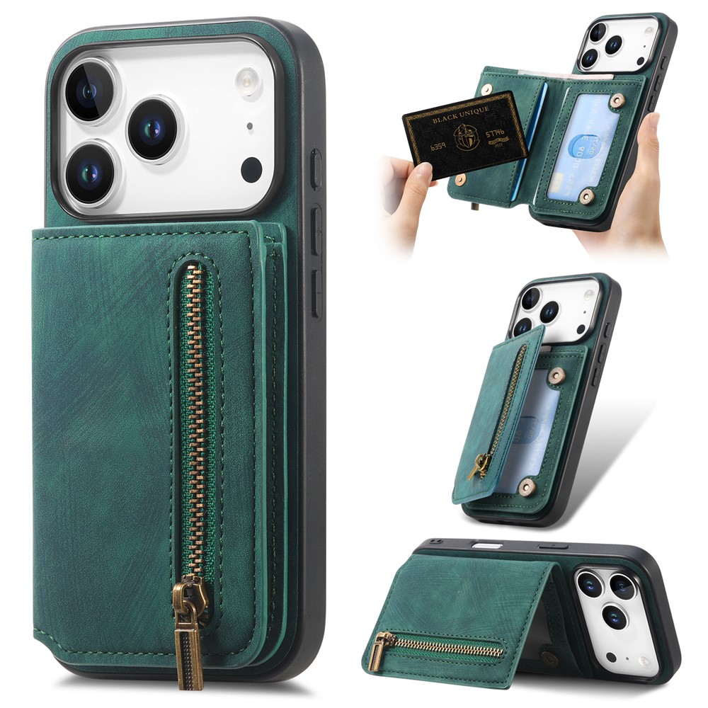 For iPhone 17 Pro Case with Zipper Card Holder Retro Leather TPU Phone Cover - Green