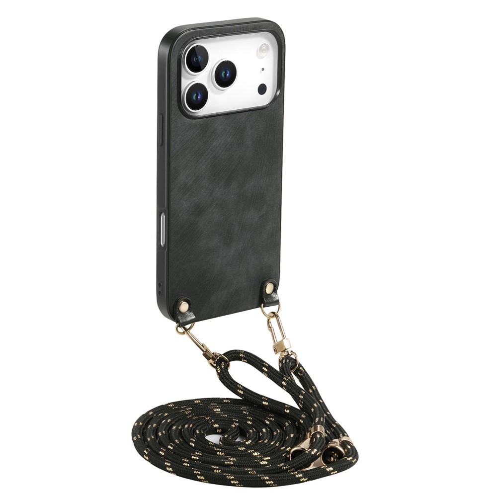 For iPhone 17 Pro Max Retro Leather Phone Back Cover with Adjustable Strap - Black