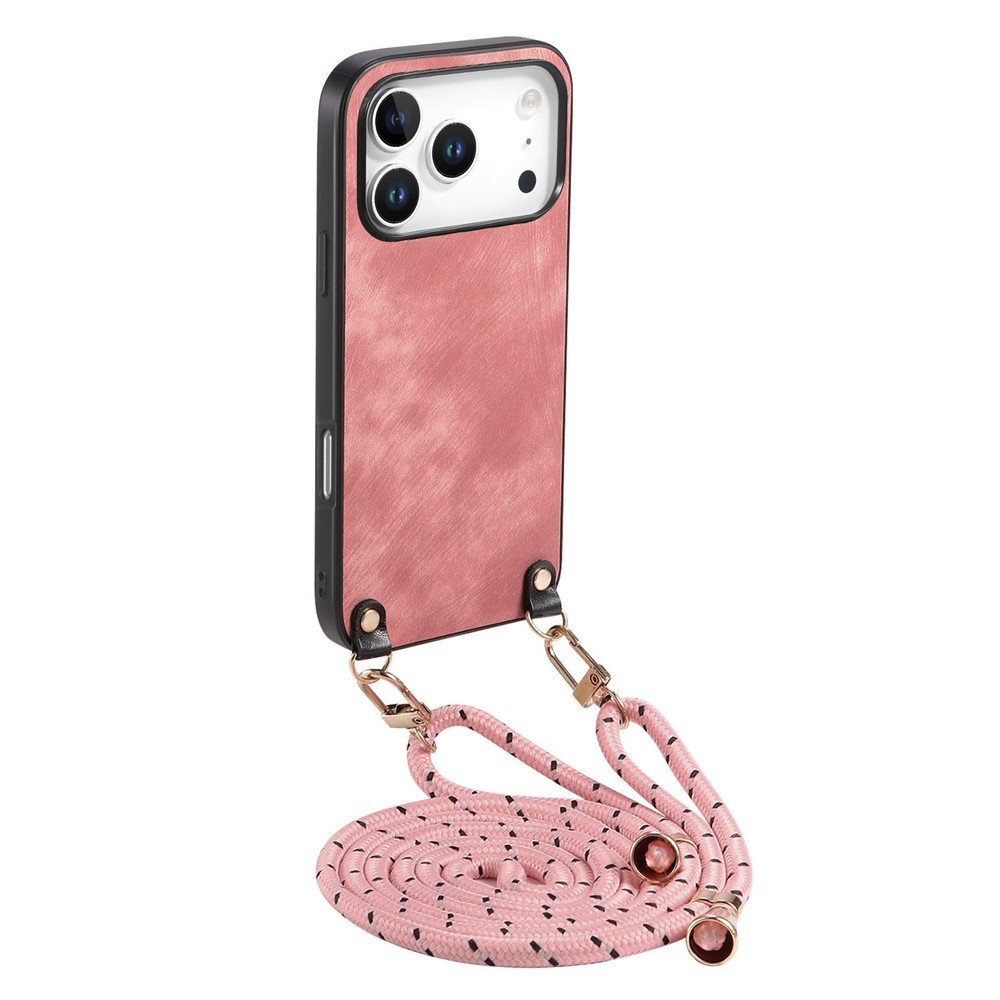 For iPhone 17 Pro Max Retro Leather Phone Back Cover with Adjustable Strap - Pink