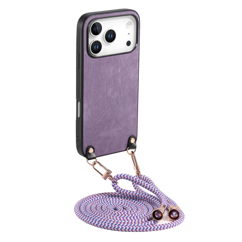 For iPhone 17 Pro Max Retro Leather Phone Back Cover with Adjustable Strap - Purple