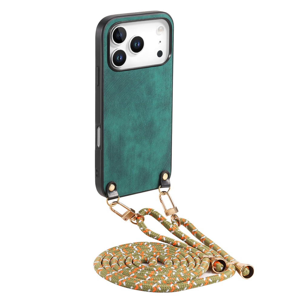 For iPhone 17 Pro Retro Leather Phone Back Cover with Adjustable Strap - Green