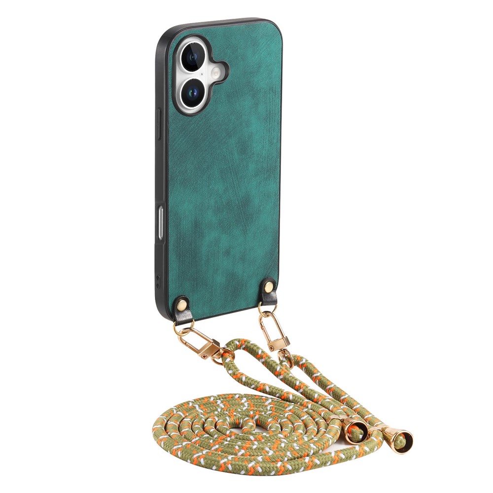 For iPhone 17 Retro Leather Phone Back Cover with Adjustable Strap - Green