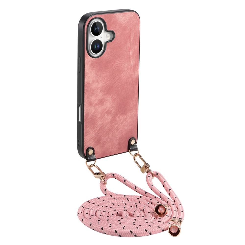For iPhone 17 Retro Leather Phone Back Cover with Adjustable Strap - Pink