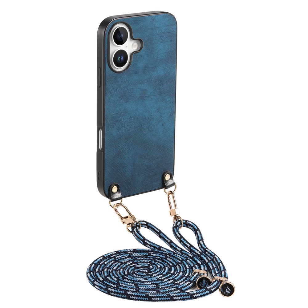 For iPhone 17 Retro Leather Phone Back Cover with Adjustable Strap - Blue
