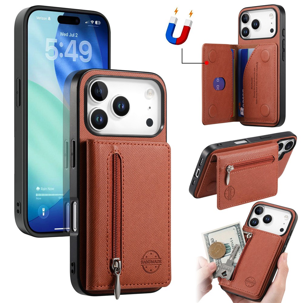 For iPhone 17 Pro Max Case Zipper Card Holder Kickstand Jeans Cloth Texture Leather Back Cover - Brown