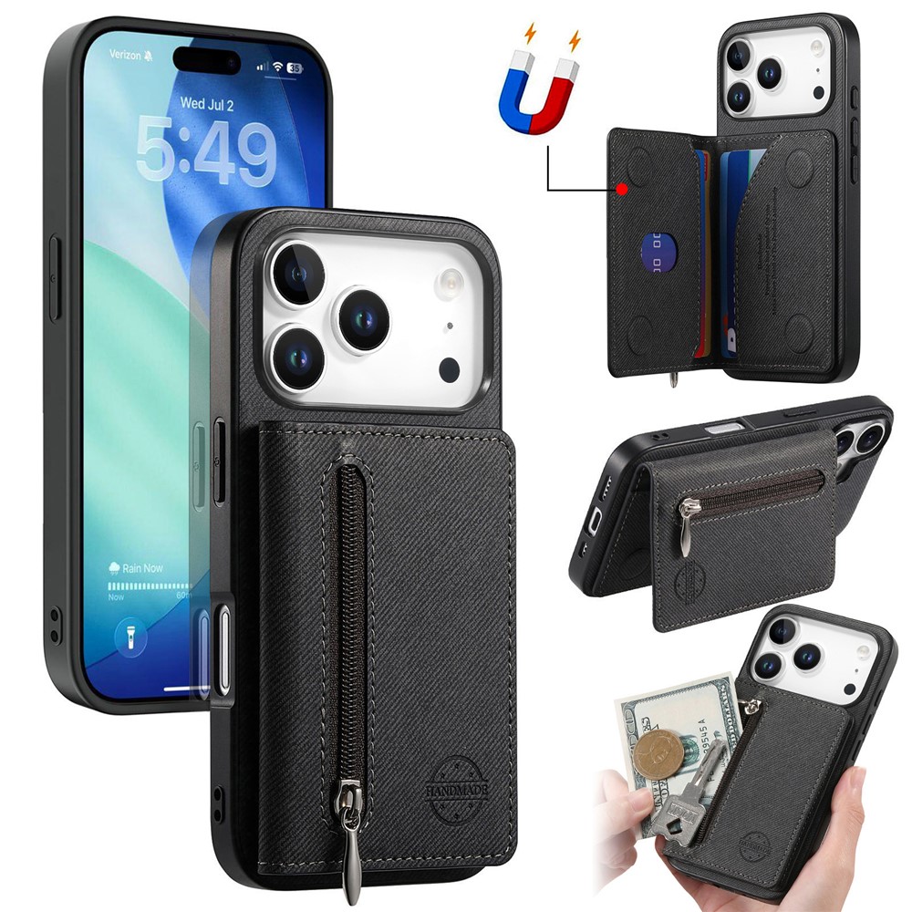 For iPhone 17 Pro Max Case Zipper Card Holder Kickstand Jeans Cloth Texture Leather Back Cover - Black