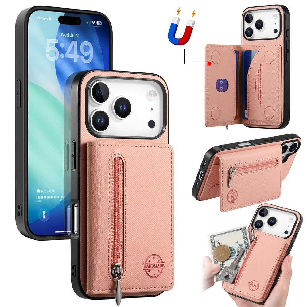 For iPhone 17 Pro Case Zipper Card Holder Kickstand Jeans Cloth Texture Leather Back Cover - Pink