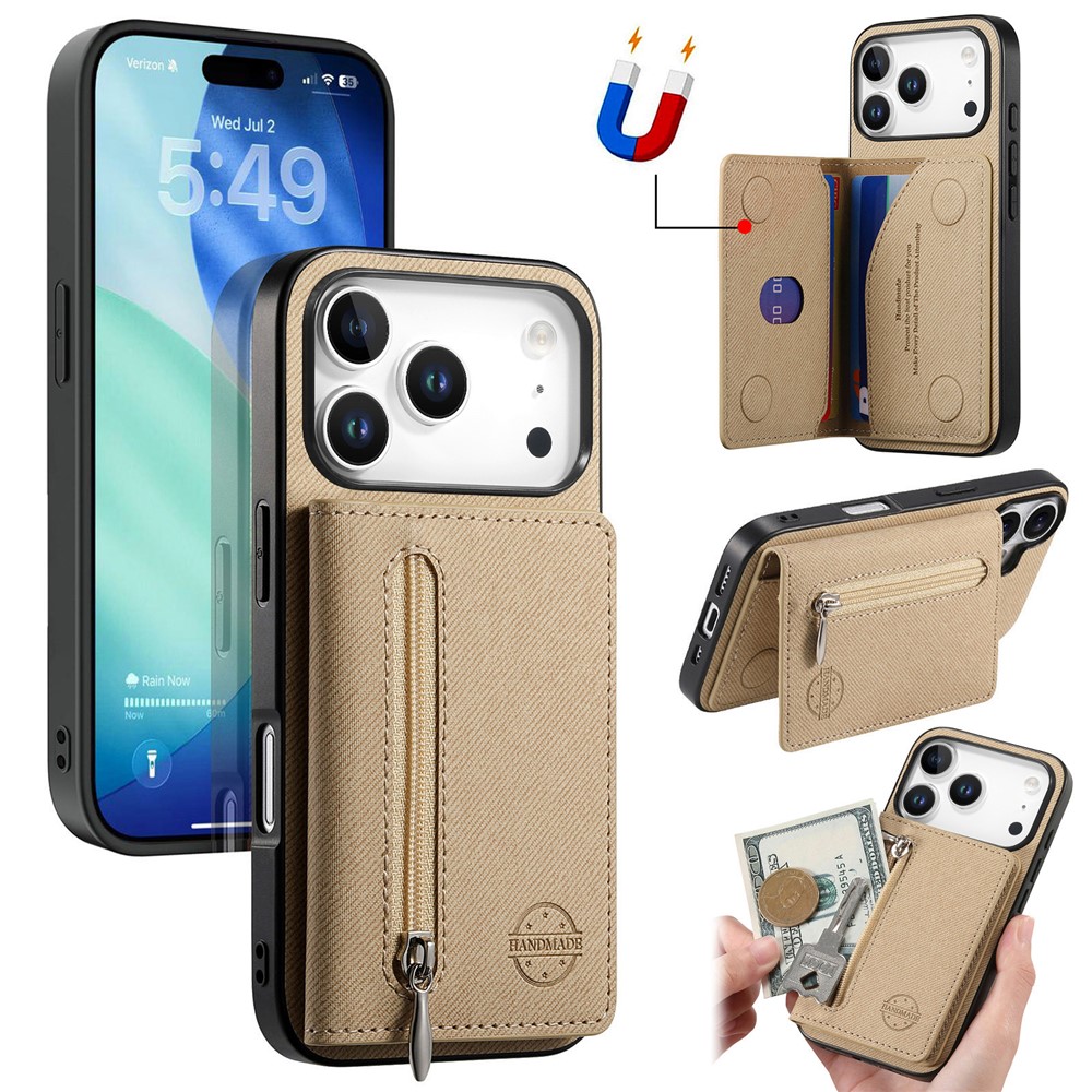 For iPhone 17 Pro Case Zipper Card Holder Kickstand Jeans Cloth Texture Leather Back Cover - Khaki