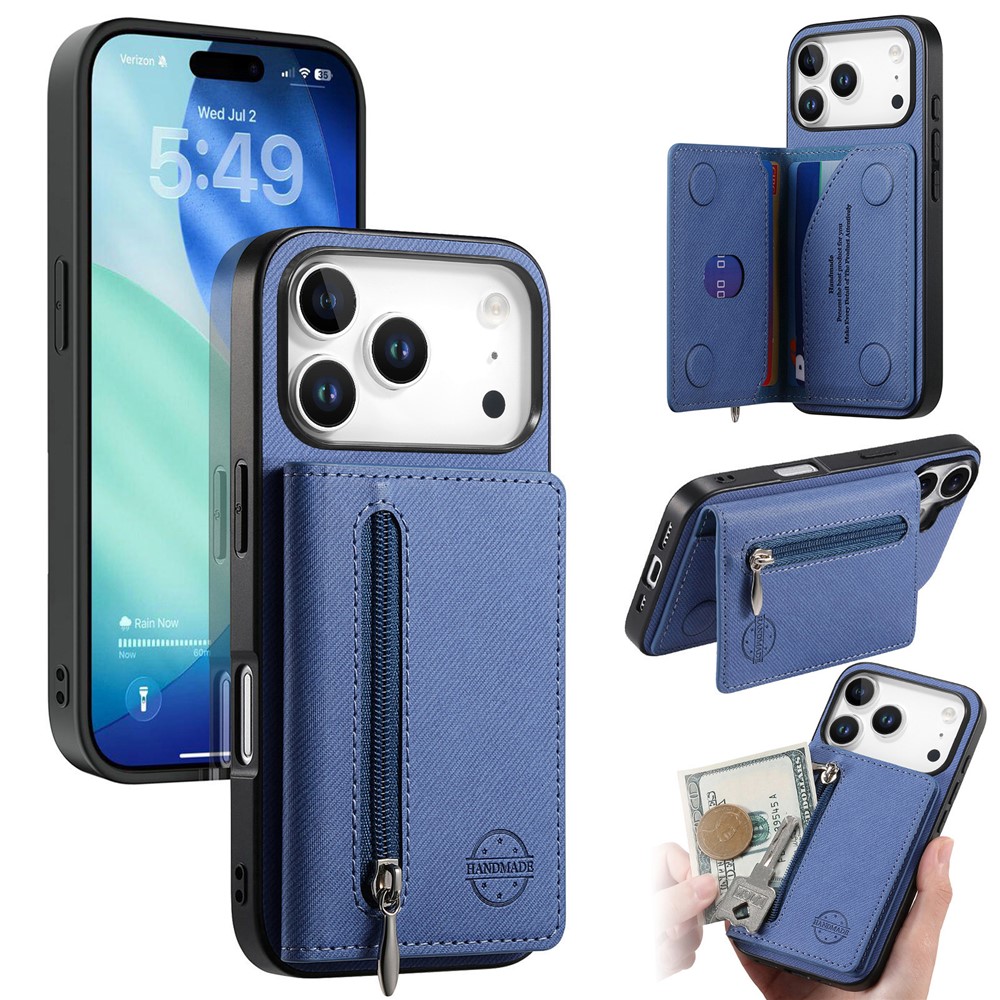 For iPhone 17 Pro Case Zipper Card Holder Kickstand Jeans Cloth Texture Leather Back Cover - Blue