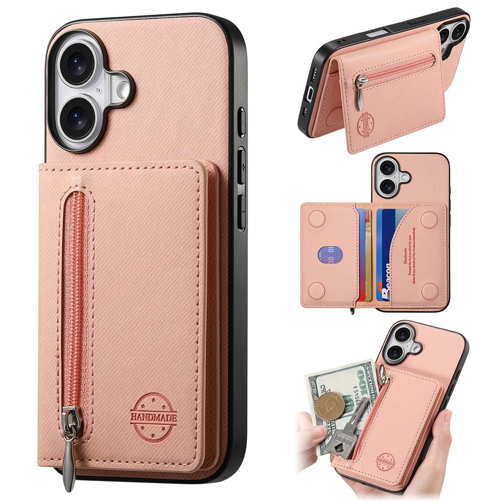 For iPhone 17 Case Zipper Card Holder Kickstand Jeans Cloth Texture Leather Back Cover - Pink
